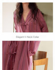 Bamboo Cotton Dressing Robe • Soft Long Loungewear• Vintage Rose Stripe Home Dress • Breathable Sleepwear with Pockets • Gift for Her