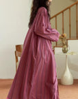 Bamboo Cotton Dressing Robe • Soft Long Loungewear• Vintage Rose Stripe Home Dress • Breathable Sleepwear with Pockets • Gift for Her