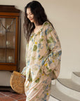 Bamboo Cotton Pajama Set | Green Tone Watercolour Floral Nightdress | Ruffle Collar Button Front | Oversized Style Loungewear