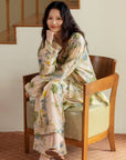 Bamboo Cotton Pajama Set | Green Tone Watercolour Floral Nightdress | Ruffle Collar Button Front | Oversized Style Loungewear