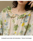 Bamboo Cotton Pajama Set | Green Tone Watercolour Floral Nightdress | Ruffle Collar Button Front | Oversized Style Loungewear