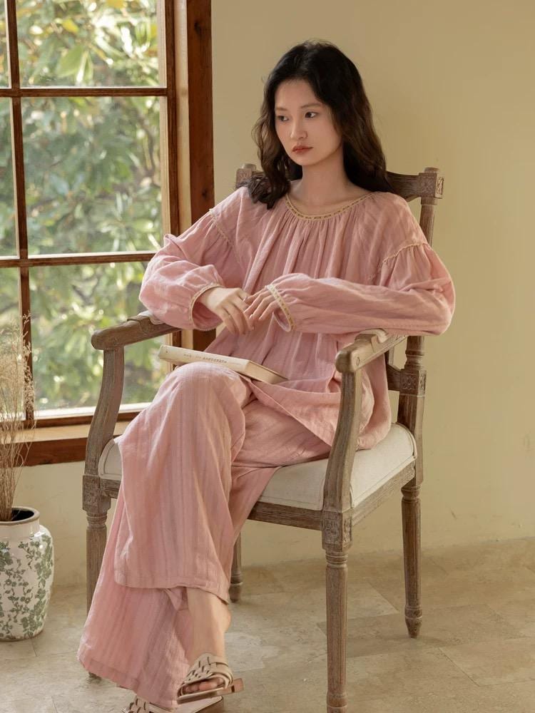 Breathable cotton gauze, muslin-feel pajama set with lining for coverage, Soft textured cotton, relaxed fit for sleep or lounging