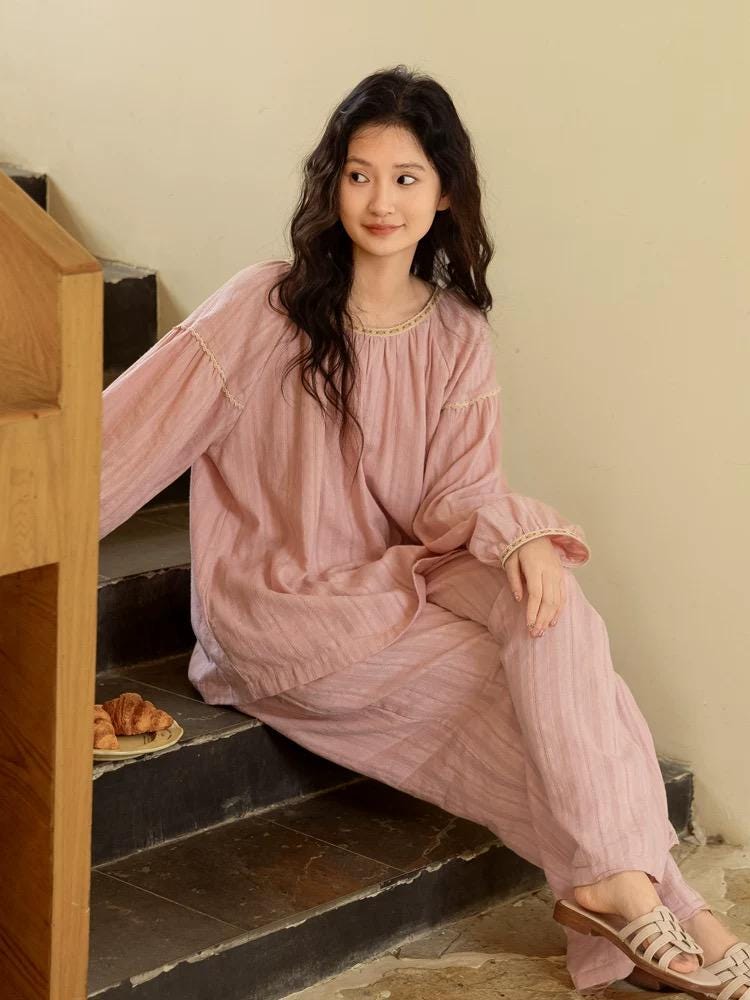 Breathable cotton gauze, muslin-feel pajama set with lining for coverage, Soft textured cotton, relaxed fit for sleep or lounging