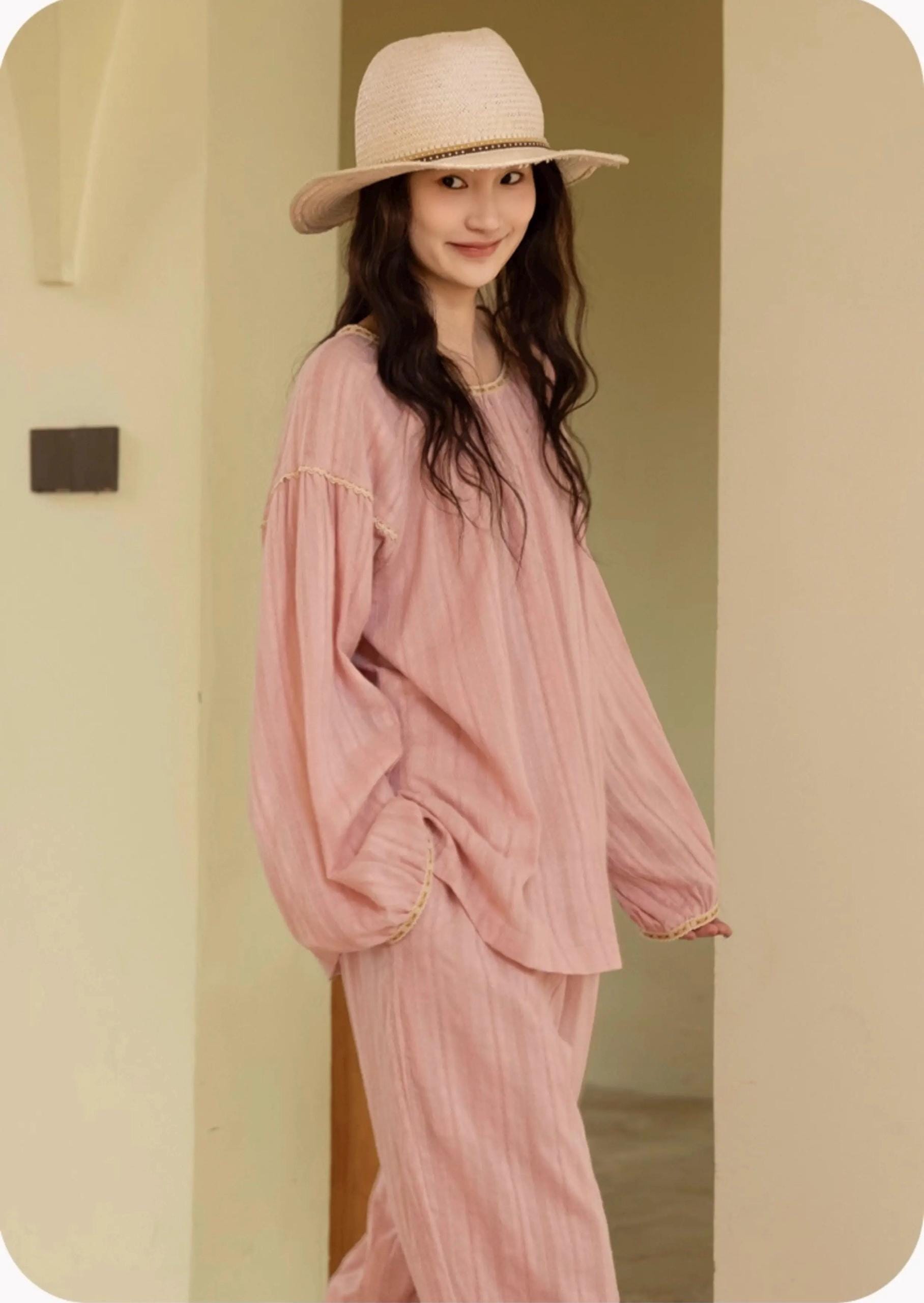 Breathable cotton gauze, muslin-feel pajama set with lining for coverage, Soft textured cotton, relaxed fit for sleep or lounging