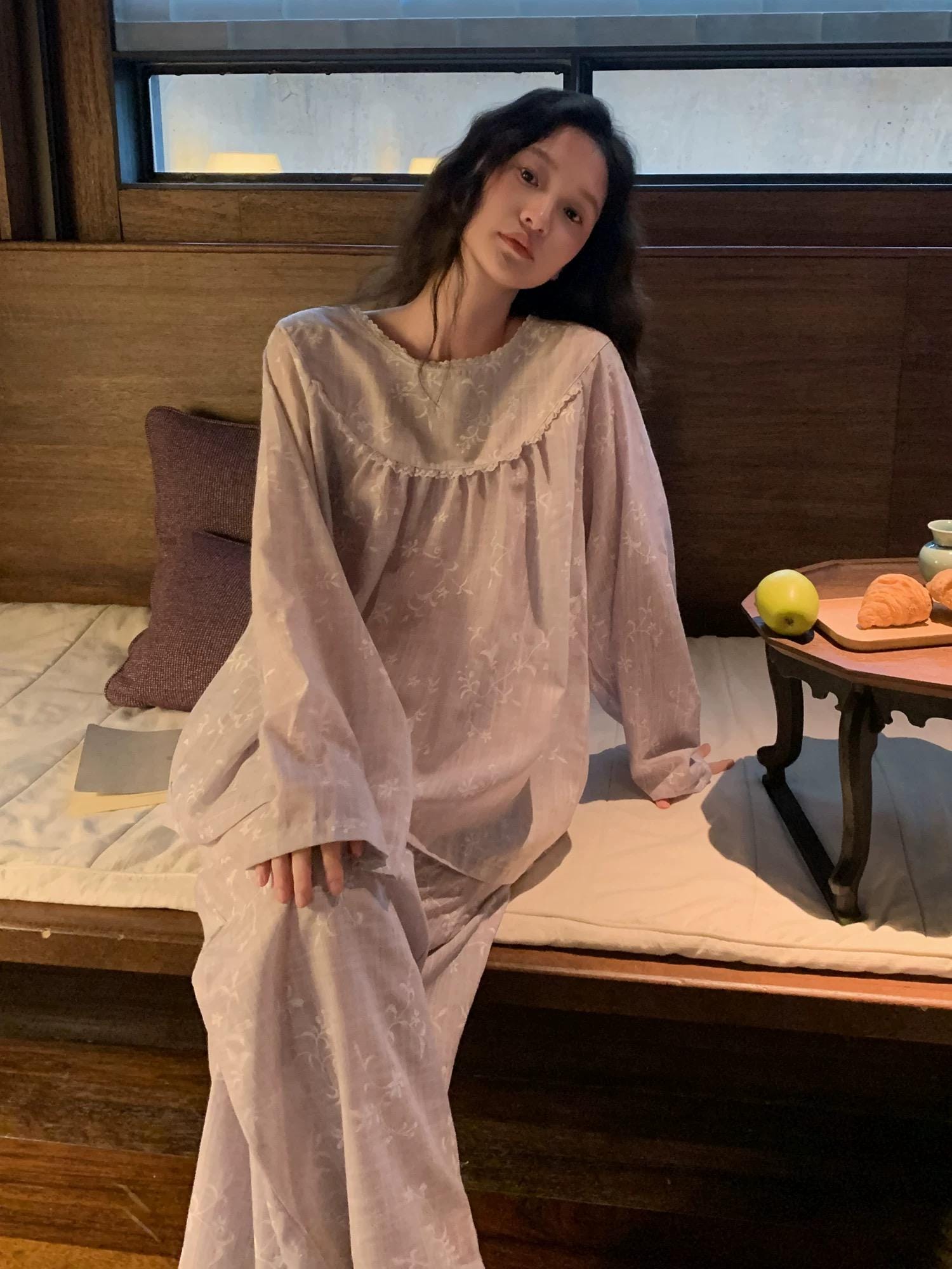 Light Lavender Gauze Cotton Pajama Set Women, Muslin Floral Sleepwear, Loose Fit Long Sleeve Lounge Set, Soft Breathable Nightwear