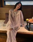 Light Lavender Gauze Cotton Pajama Set Women, Muslin Floral Sleepwear, Loose Fit Long Sleeve Lounge Set, Soft Breathable Nightwear