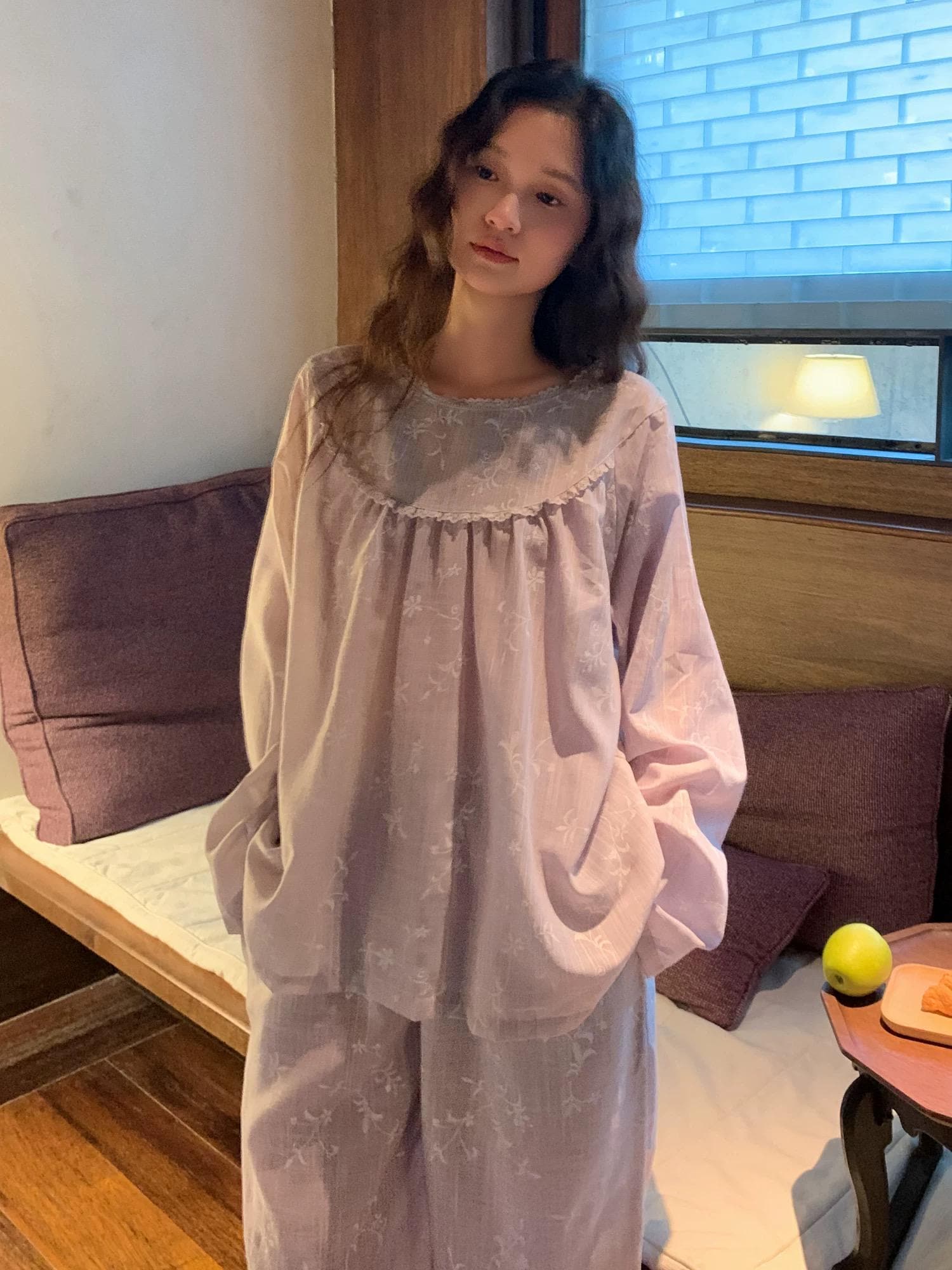 Light Lavender Gauze Cotton Pajama Set Women, Muslin Floral Sleepwear, Loose Fit Long Sleeve Lounge Set, Soft Breathable Nightwear