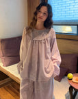 Light Lavender Gauze Cotton Pajama Set Women, Muslin Floral Sleepwear, Loose Fit Long Sleeve Lounge Set, Soft Breathable Nightwear