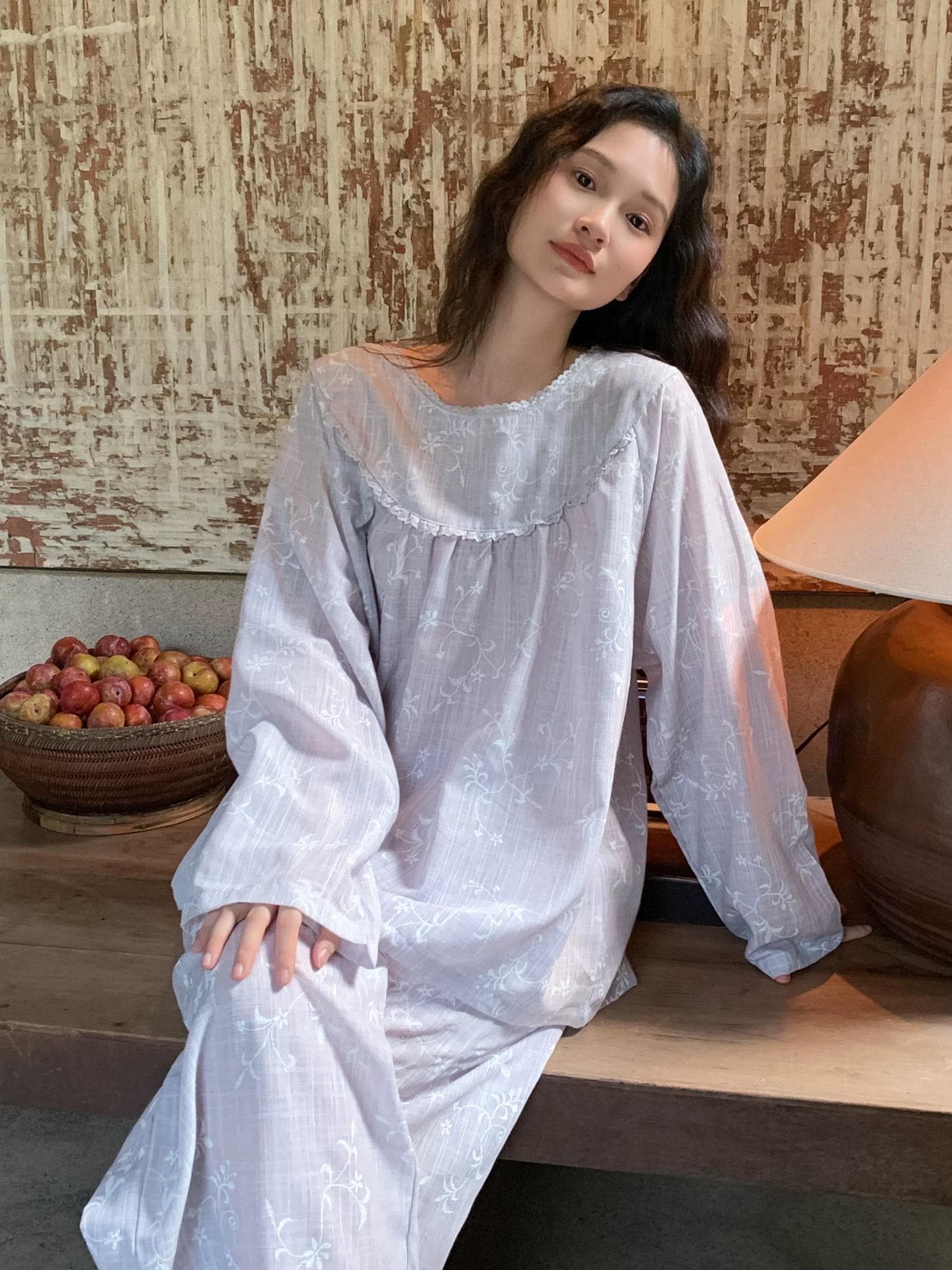 Light Lavender Gauze Cotton Pajama Set Women, Muslin Floral Sleepwear, Loose Fit Long Sleeve Lounge Set, Soft Breathable Nightwear