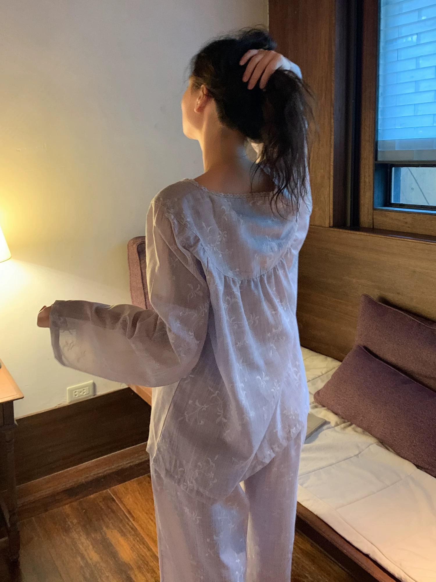 Light Lavender Gauze Cotton Pajama Set Women, Muslin Floral Sleepwear, Loose Fit Long Sleeve Lounge Set, Soft Breathable Nightwear