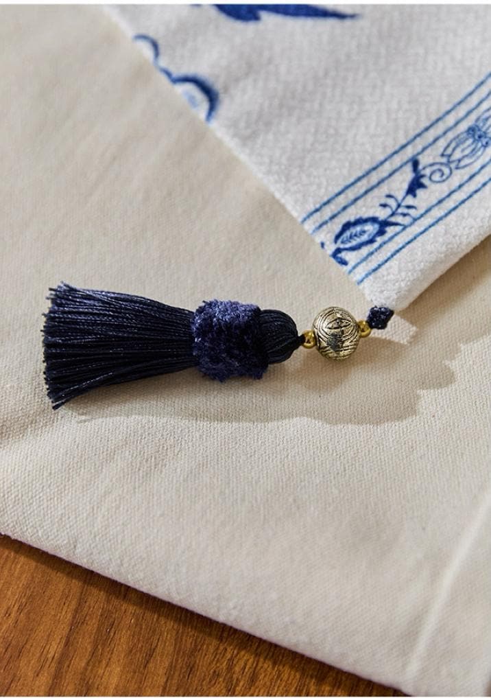 Chinoiserie Table Runner, Silk-Thread Chenille with Canvas Backing, Oriental Floral Dining Linen with Tassels for Christmas Décor Gift