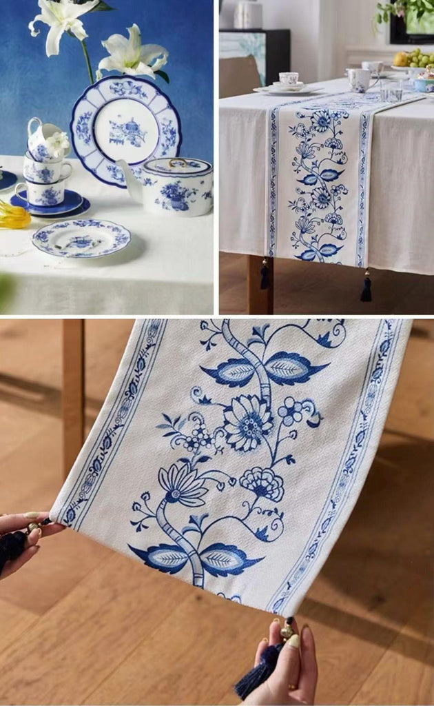 Chinoiserie Table Runner, Silk-Thread Chenille with Canvas Backing, Oriental Floral Dining Linen with Tassels for Christmas Décor Gift