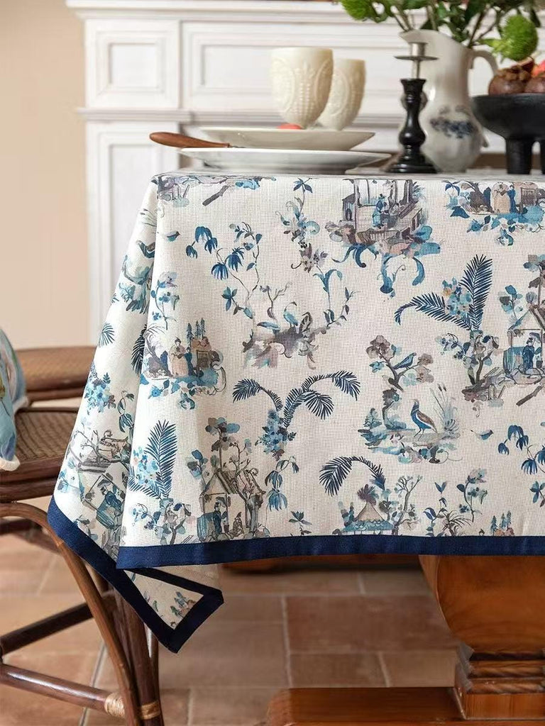 Blue and White Chinoiserie Tablecloth, Chinese Painting Table Cover with Birds & Pagoda Scene, Washable Linen for Holiday Dinner Party Décor