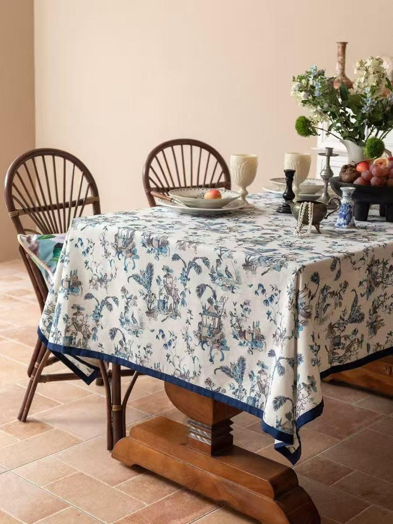 Blue and White Chinoiserie Tablecloth, Chinese Painting Table Cover with Birds & Pagoda Scene, Washable Linen for Holiday Dinner Party Décor