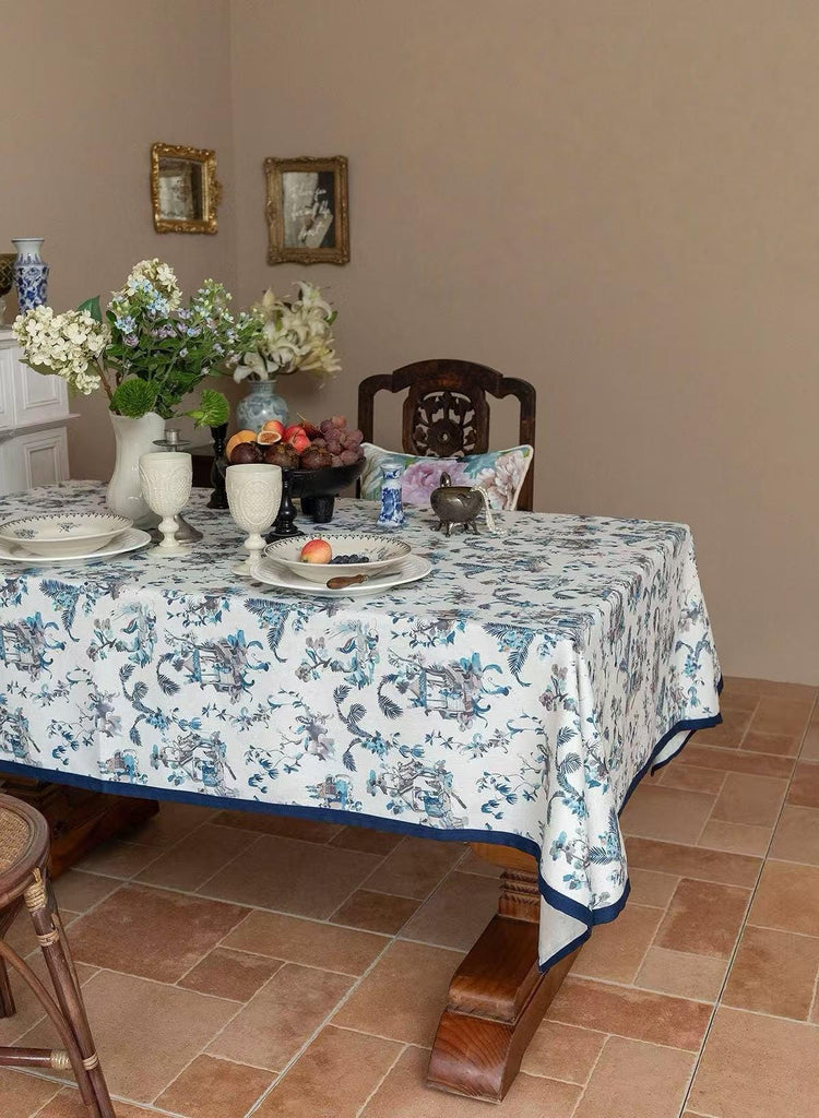 Blue and White Chinoiserie Tablecloth, Chinese Painting Table Cover with Birds & Pagoda Scene, Washable Linen for Holiday Dinner Party Décor