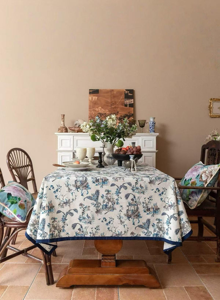 Blue and White Chinoiserie Tablecloth, Chinese Painting Table Cover with Birds & Pagoda Scene, Washable Linen for Holiday Dinner Party Décor