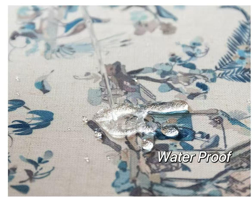 Blue and White Chinoiserie Tablecloth, Chinese Painting Table Cover with Birds & Pagoda Scene, Washable Linen for Holiday Dinner Party Décor