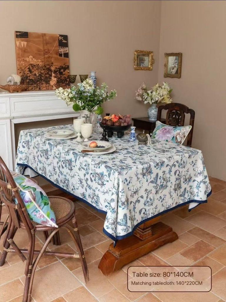Blue and White Chinoiserie Tablecloth, Chinese Painting Table Cover with Birds & Pagoda Scene, Washable Linen for Holiday Dinner Party Décor