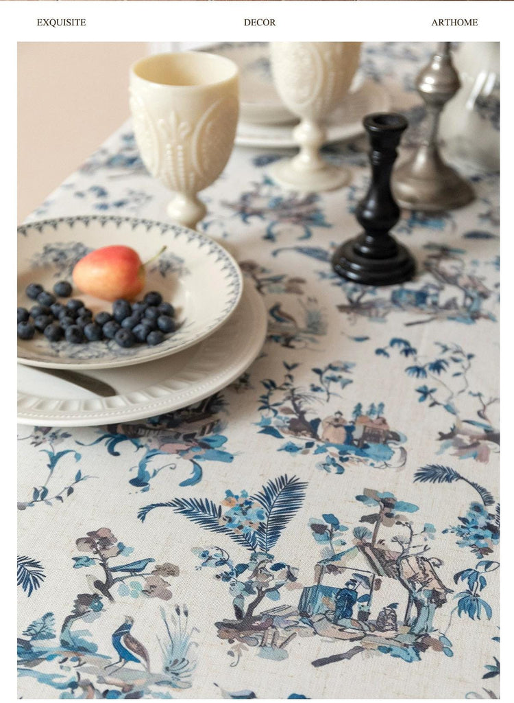 Blue and White Chinoiserie Tablecloth, Chinese Painting Table Cover with Birds & Pagoda Scene, Washable Linen for Holiday Dinner Party Décor