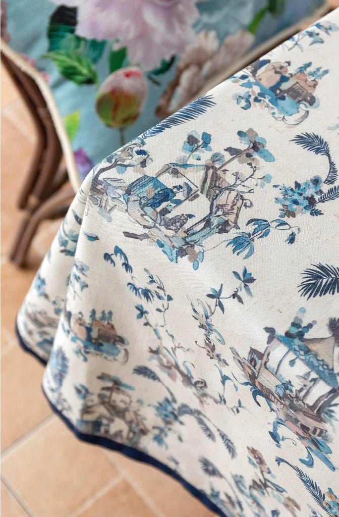 Blue and White Chinoiserie Tablecloth, Chinese Painting Table Cover with Birds & Pagoda Scene, Washable Linen for Holiday Dinner Party Décor