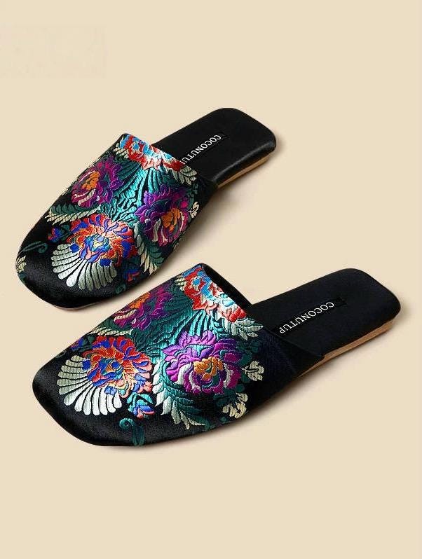 Embroidered Satin Slippers: Chinese Dragon Floral House Shoes