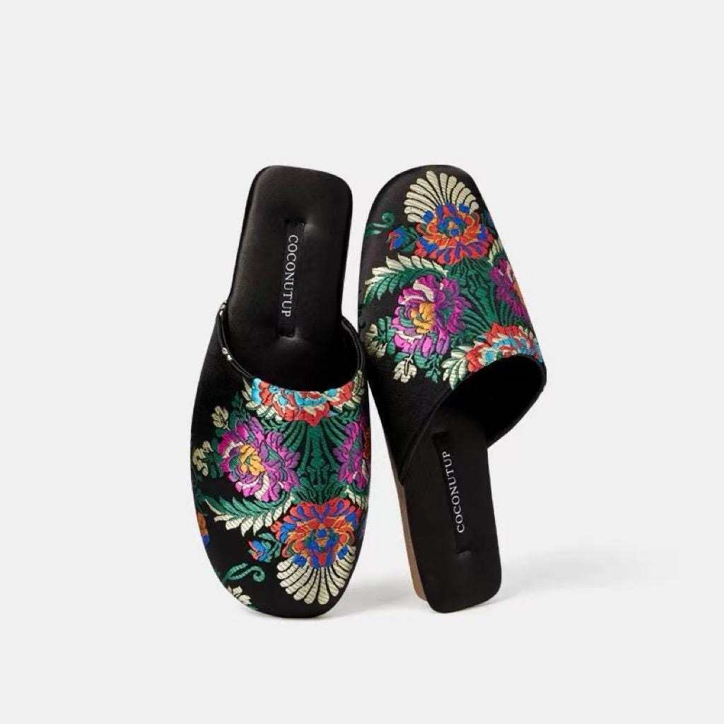 Embroidered Satin Slippers: Chinese Dragon Floral House Shoes