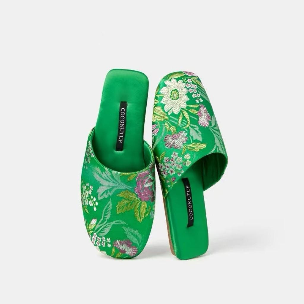 Embroidered Satin Slippers: Chinese Dragon Floral House Shoes