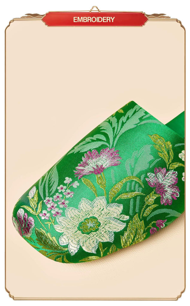 Embroidered Satin Slippers: Chinese Dragon Floral House Shoes