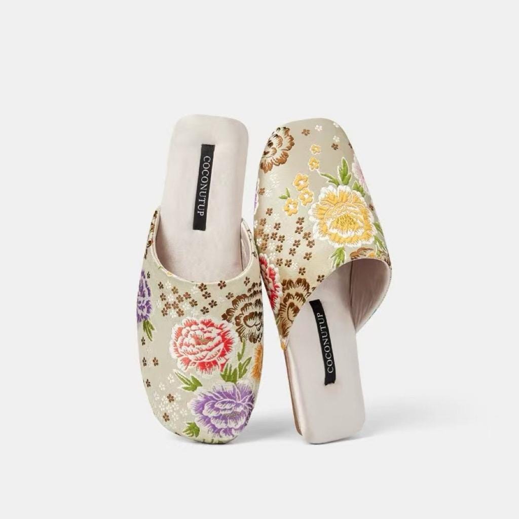 Embroidered Satin Slippers: Chinese Dragon Floral House Shoes