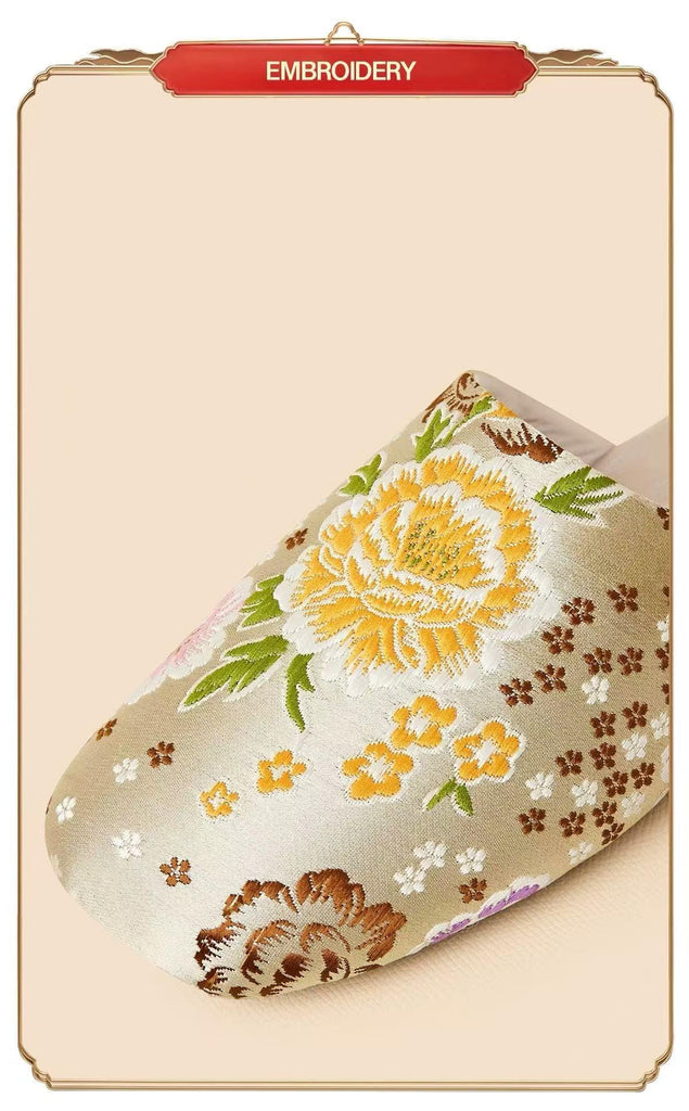 Embroidered Satin Slippers: Chinese Dragon Floral House Shoes