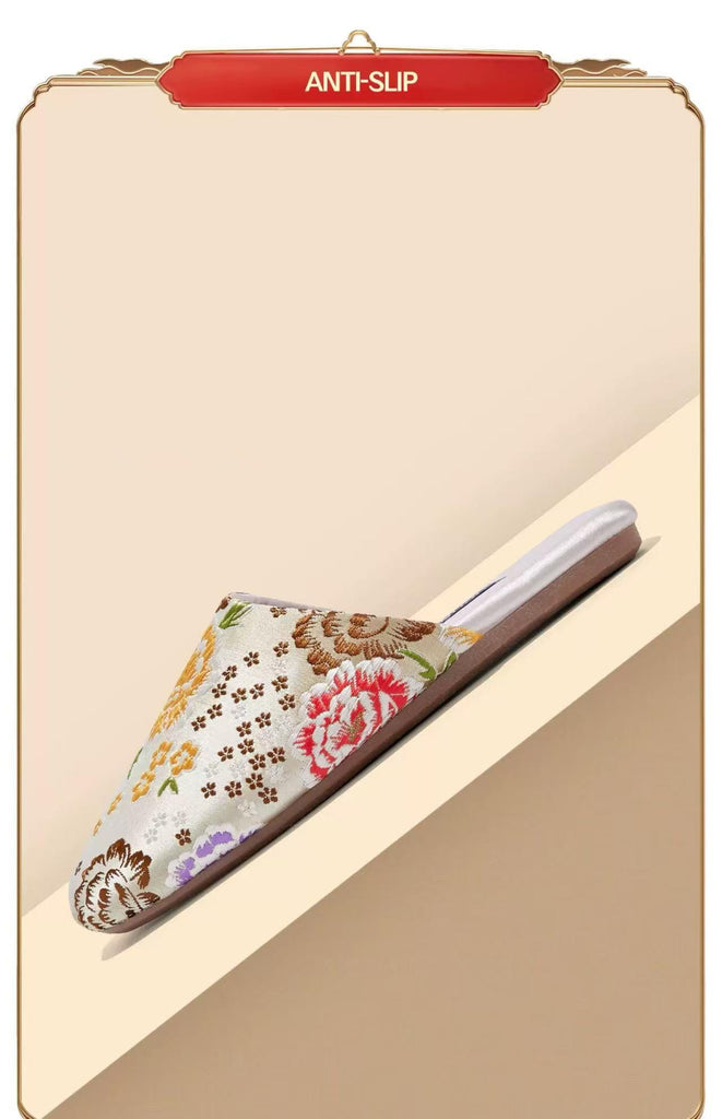 Embroidered Satin Slippers: Chinese Dragon Floral House Shoes