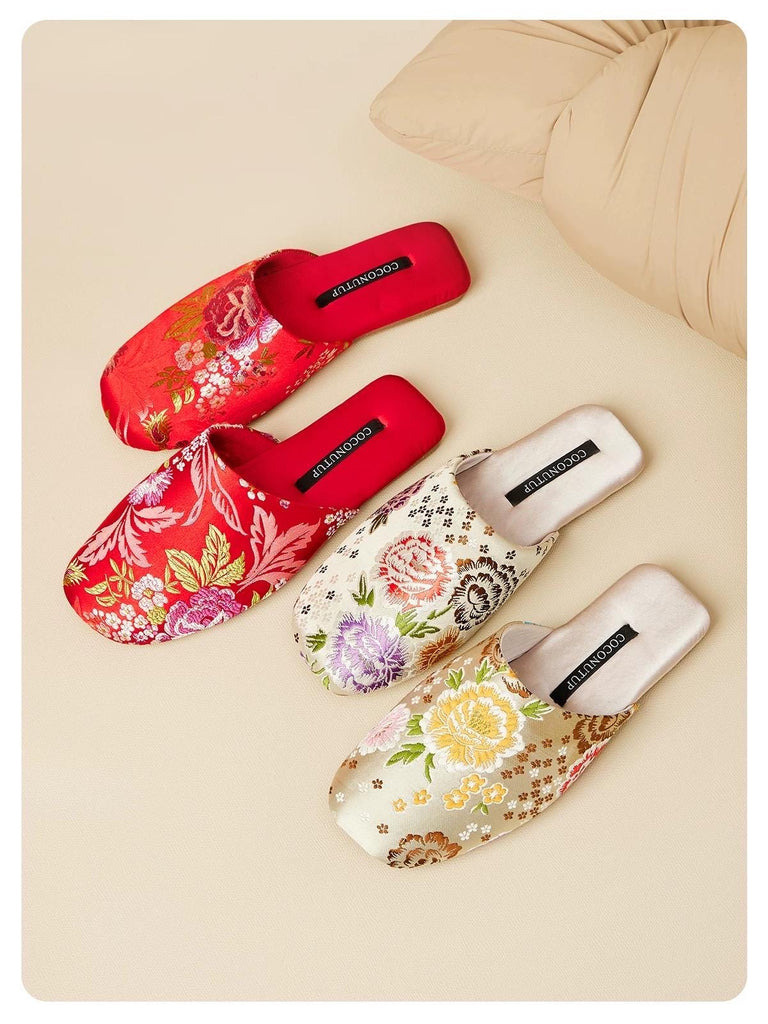 Embroidered Satin Slippers: Chinese Dragon Floral House Shoes