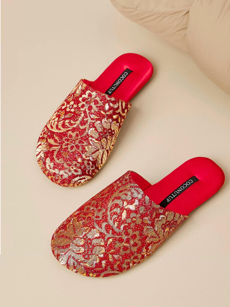Embroidered Satin Slippers: Chinese Dragon Floral House Shoes