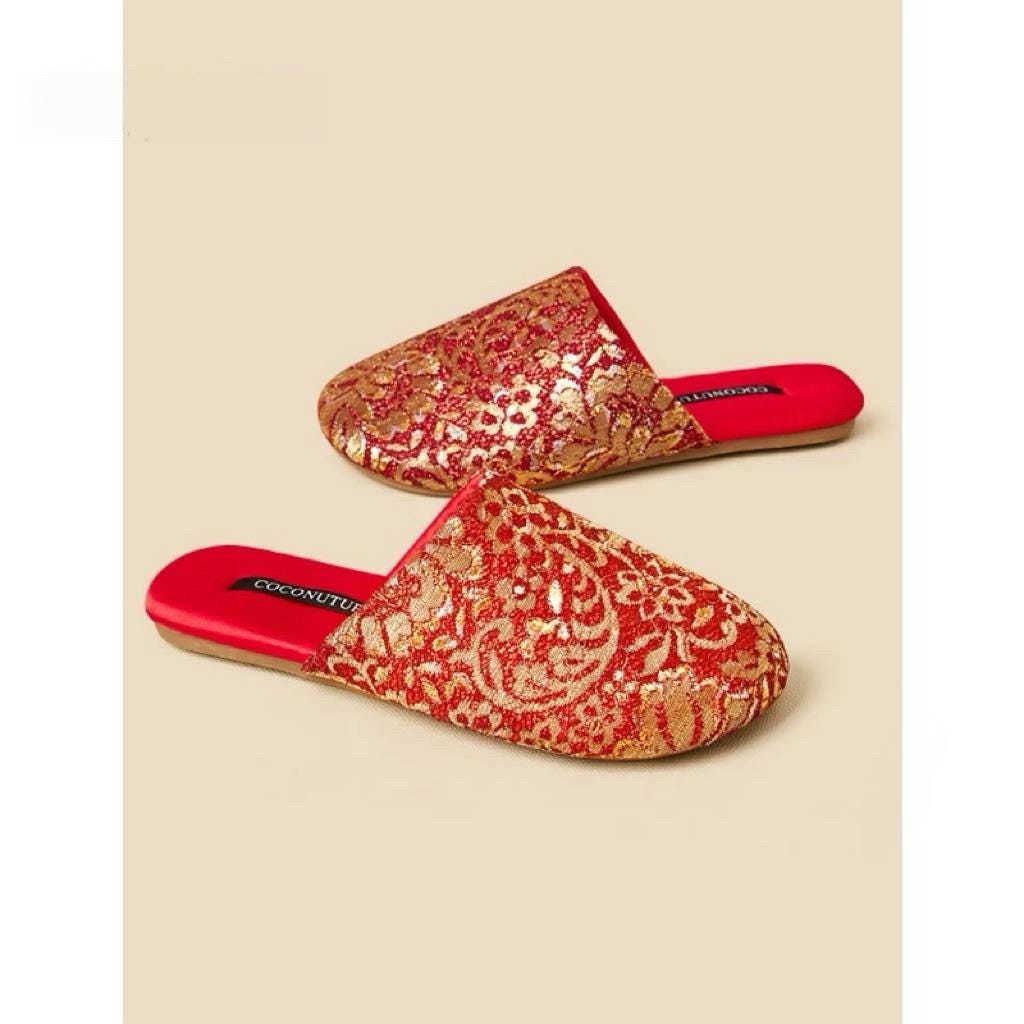 Embroidered Satin Slippers: Chinese Dragon Floral House Shoes