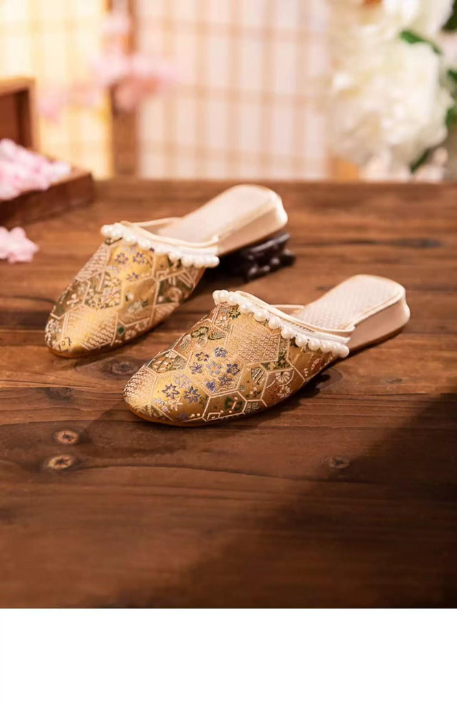 Brocade Mules: Embroidered Qipao Slippers with Pearl Trim