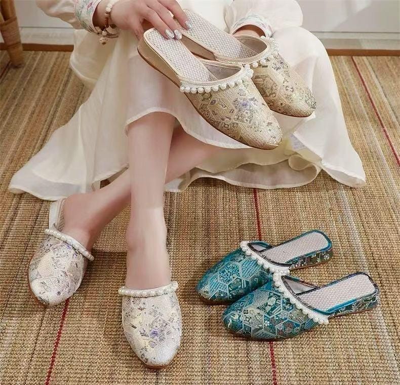 Brocade Mules: Embroidered Qipao Slippers with Pearl Trim