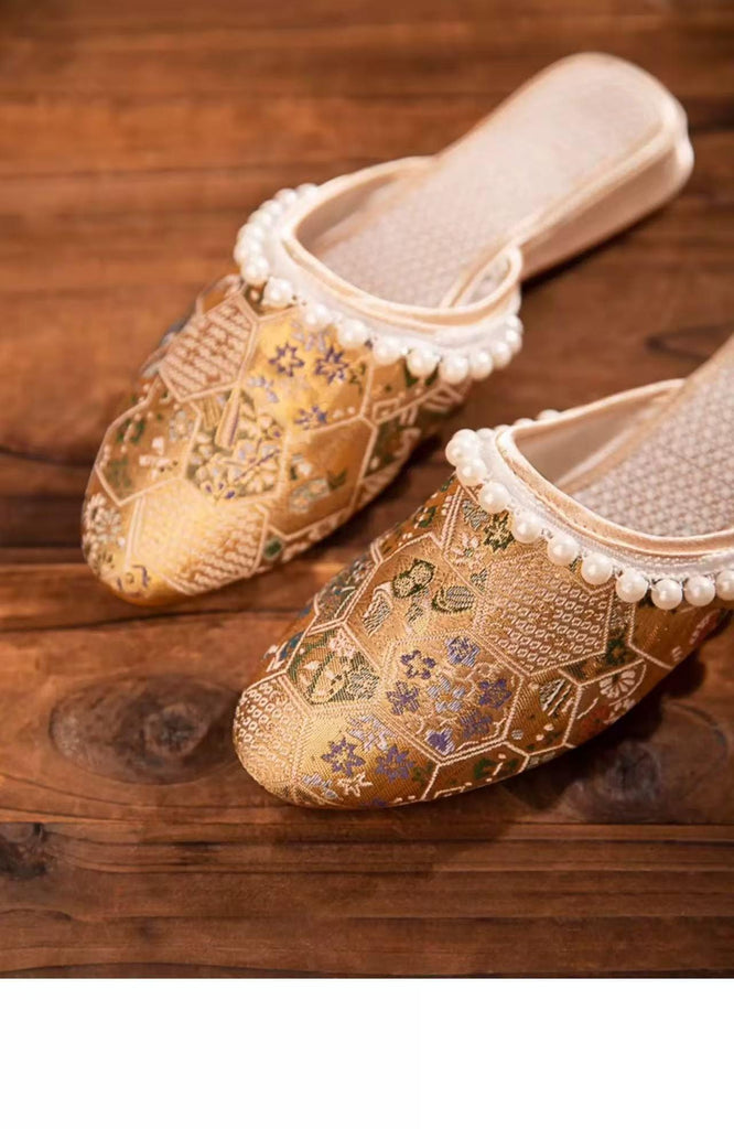 Brocade Mules: Embroidered Qipao Slippers with Pearl Trim
