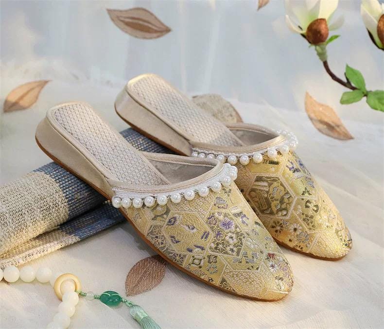 Brocade Mules: Embroidered Qipao Slippers with Pearl Trim