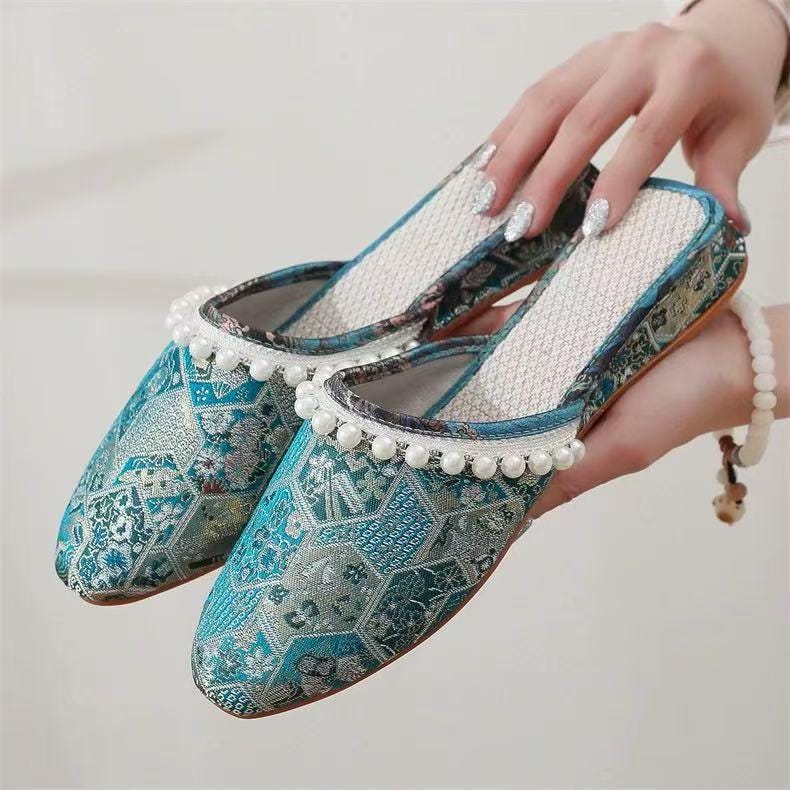 Brocade Mules: Embroidered Qipao Slippers with Pearl Trim