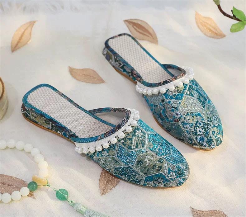 Brocade Mules: Embroidered Qipao Slippers with Pearl Trim