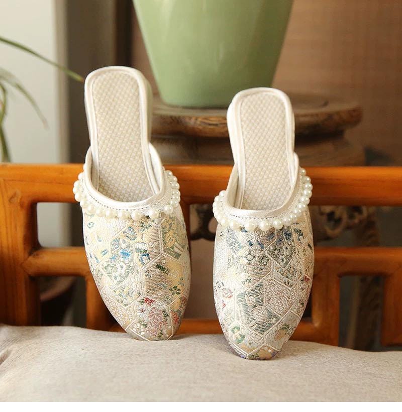 Brocade Mules: Embroidered Qipao Slippers with Pearl Trim