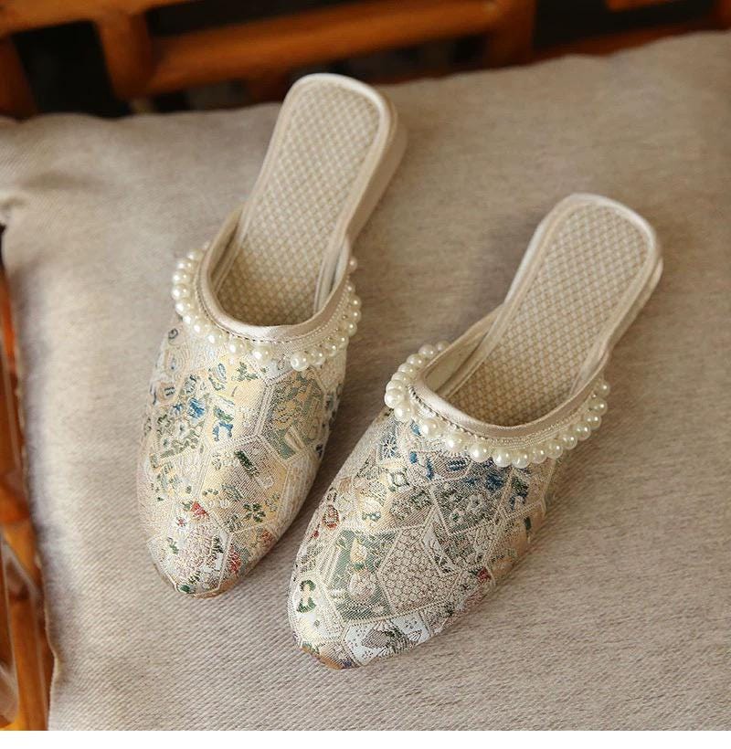 Brocade Mules: Embroidered Qipao Slippers with Pearl Trim