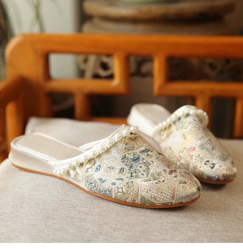 Brocade Mules: Embroidered Qipao Slippers with Pearl Trim