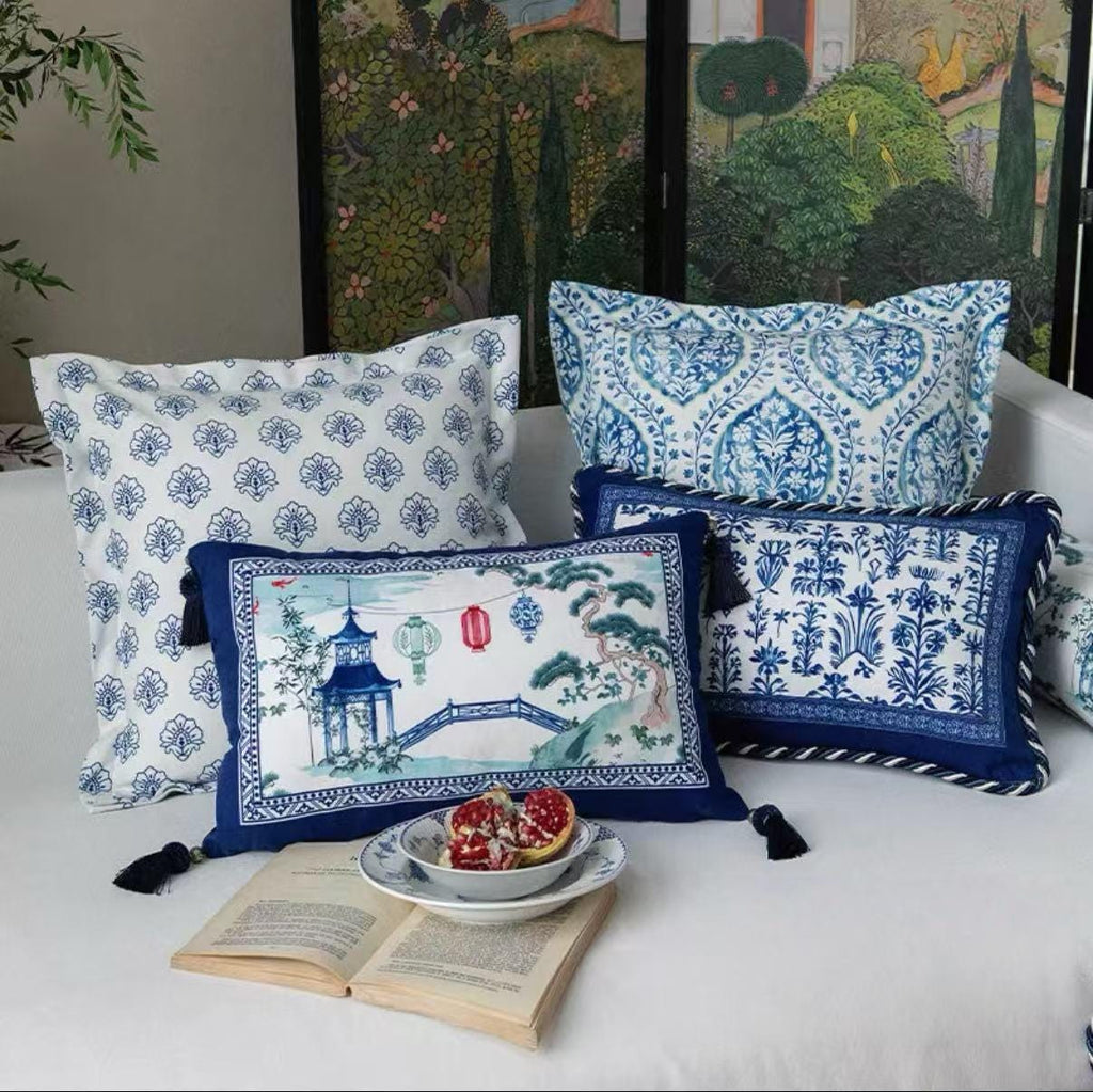 Blue and White Cushion Cover, Chinoiserie Throw Pillow Cases, Oriental Sofa Bed Pillows, French Country Decorative Set, Christmas Gift Décor