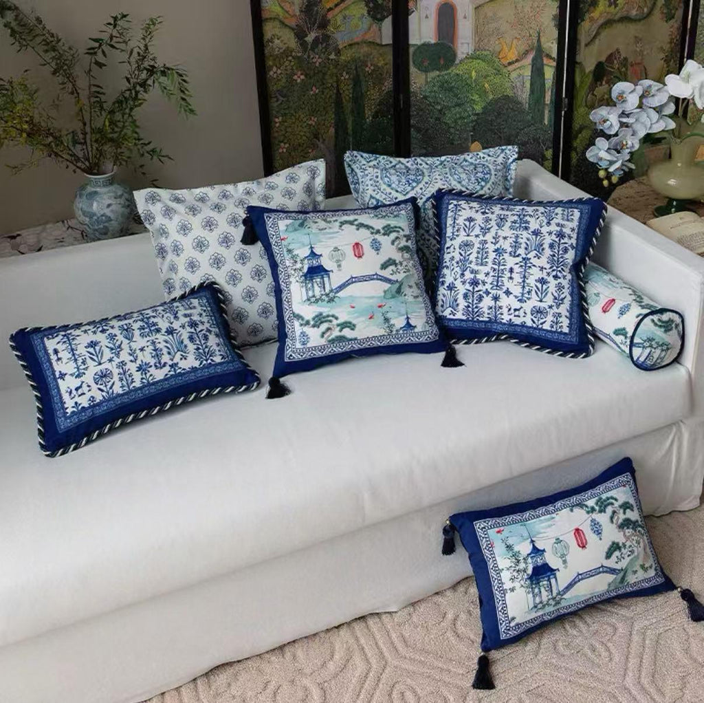 Blue and White Cushion Cover, Chinoiserie Throw Pillow Cases, Oriental Sofa Bed Pillows, French Country Decorative Set, Christmas Gift Décor