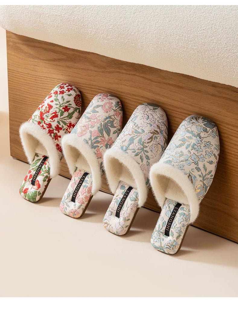 Embroidered Brocade Slippers: Faux Fur Lined Oriental Mules