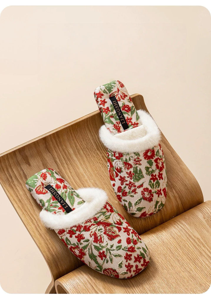 Embroidered Brocade Slippers: Faux Fur Lined Oriental Mules