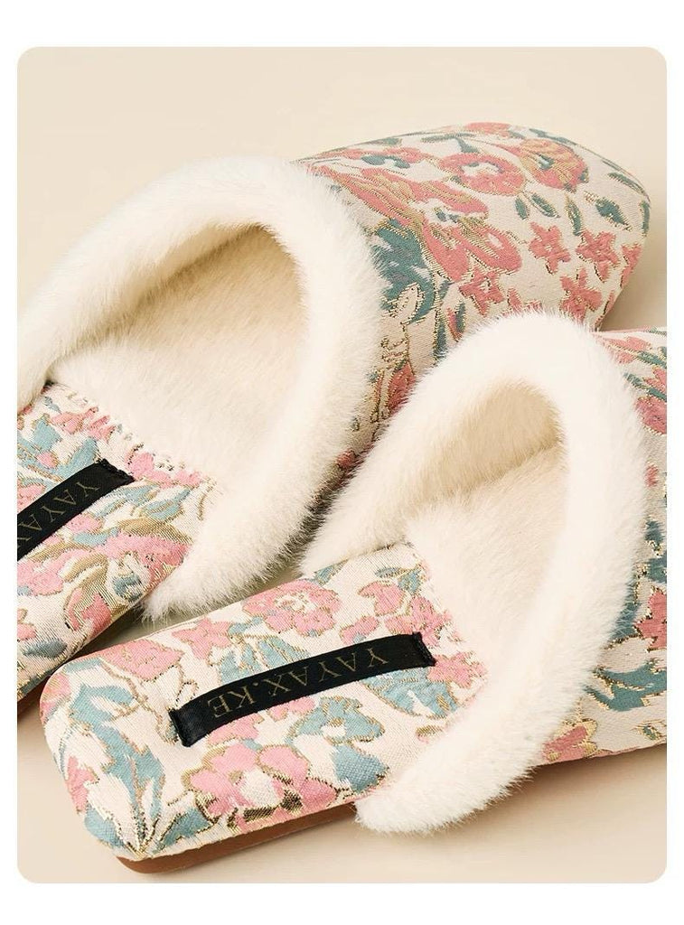 Embroidered Brocade Slippers: Faux Fur Lined Oriental Mules