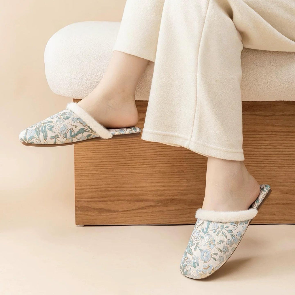 Embroidered Brocade Slippers: Faux Fur Lined Oriental Mules