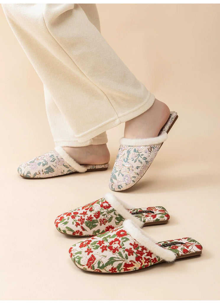 Embroidered Brocade Slippers: Faux Fur Lined Oriental Mules